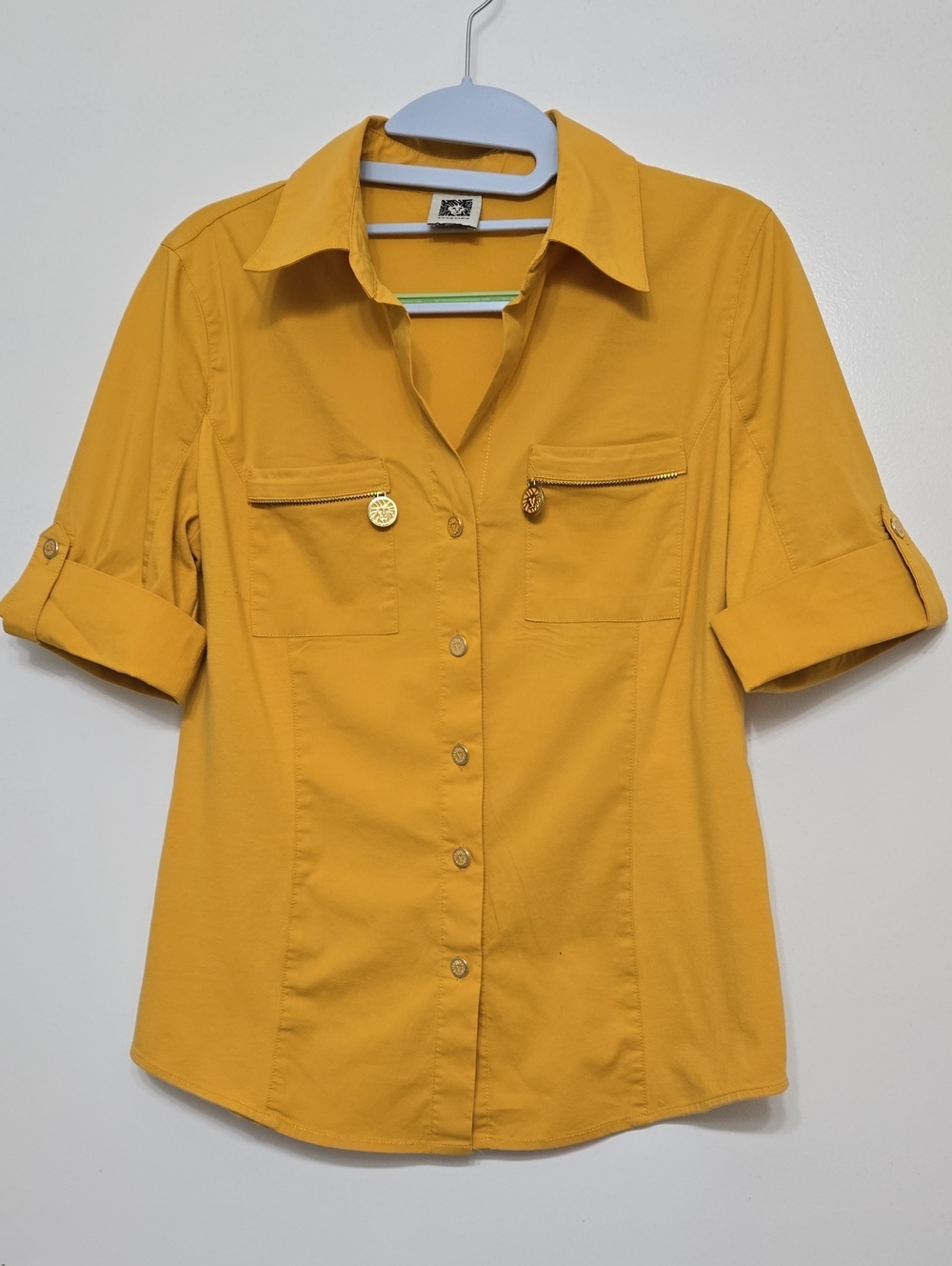 Anne Klein Golden Yellow Short Sleeve Button-Down Shirt